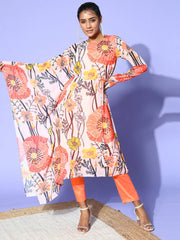 Peach Poly Georgette Romantic Florals Kurta Set - Inddus.com