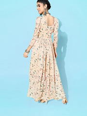 Peach Polyester Partywear Floral Dresses - Inddus.com