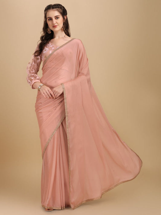 Peach Silk Blend Saree - Inddus.com