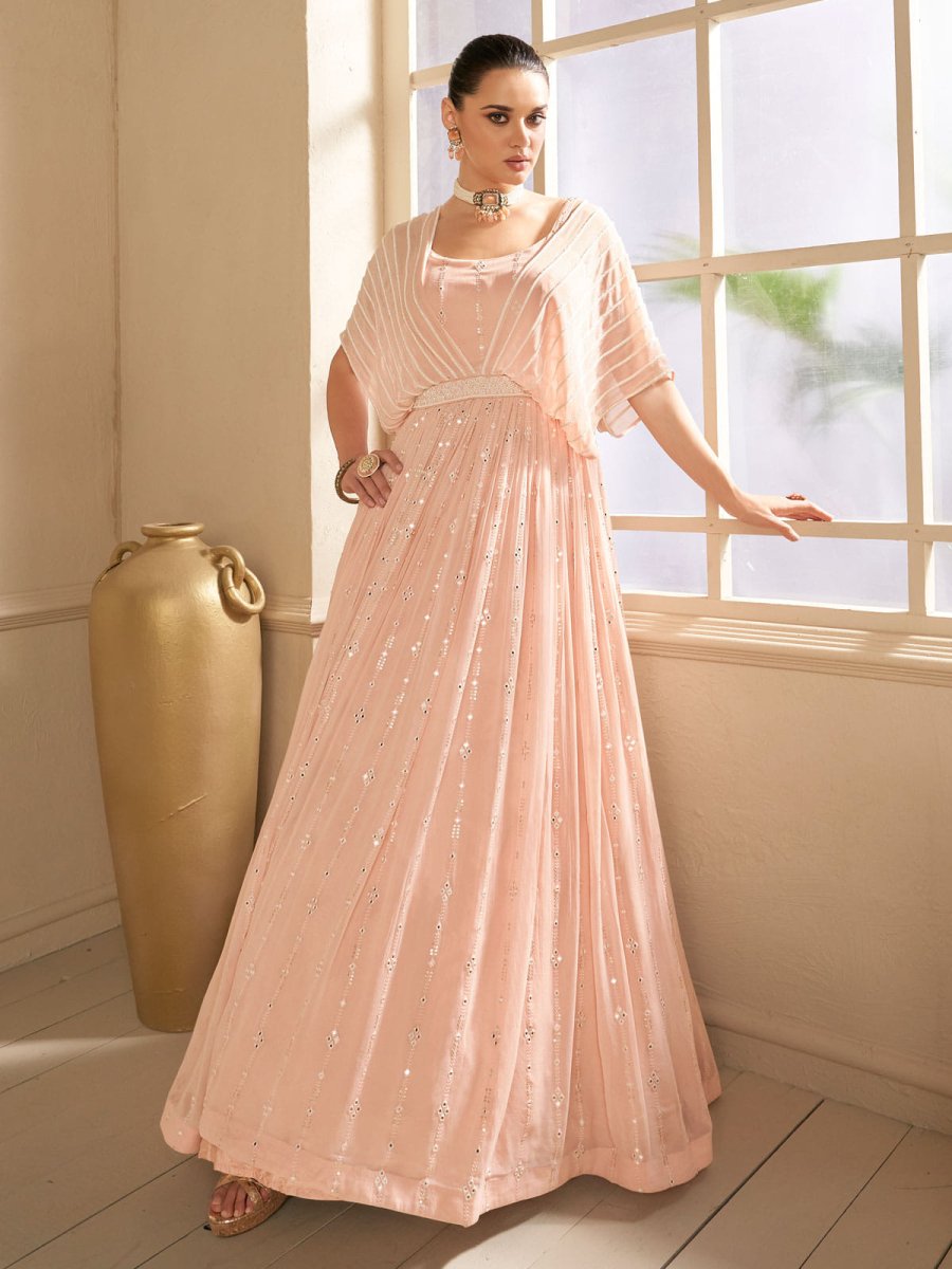 Peach Silk Partywear Gown - Inddus.com