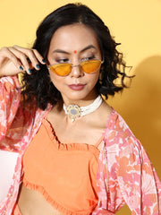 Peach Solid Top & Palazzo with Floral Printed Jacket - Inddus.com