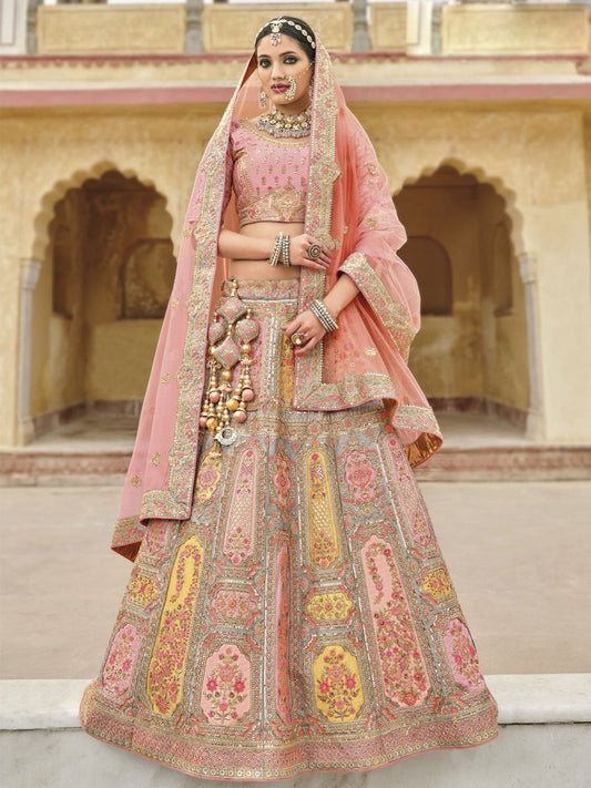 Peach Velvet Embroidered Lehenga Choli - Inddus.com