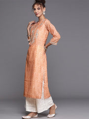 Peach Yoke Embroidered Kurta with Printed Palazzo - inddus-us