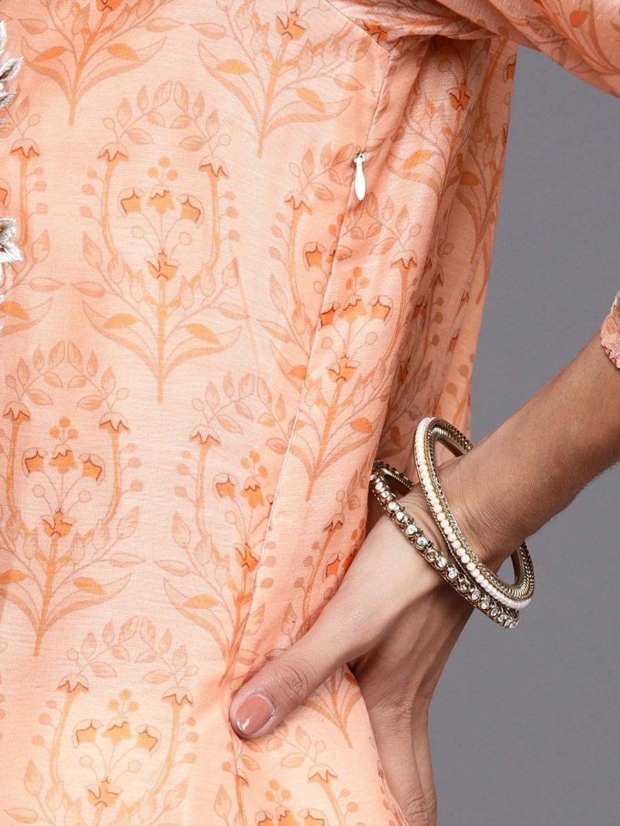 Peach Yoke Embroidered Kurta with Printed Palazzo - inddus-us