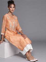 Peach Yoke Embroidered Kurta with Printed Palazzo - inddus-us
