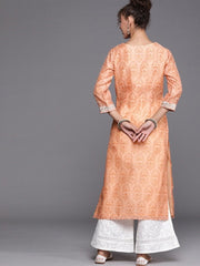 Peach Yoke Embroidered Kurta with Printed Palazzo - inddus-us