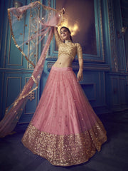 Pink and Beige Net Wedding Lehenga Choli with Dupatta - inddus-us