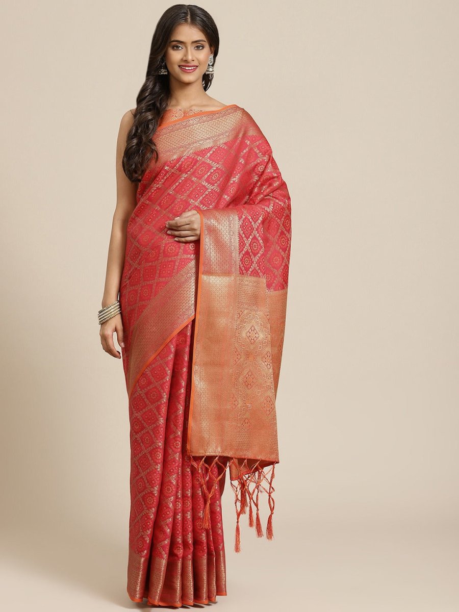 Pink and Gold Ethnic Motifs Zari Woven Banarasi Bandhani Saree - Inddus.com