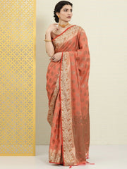 Pink and Gold Ethnic Motifs Zari Woven Saree - Inddus.com