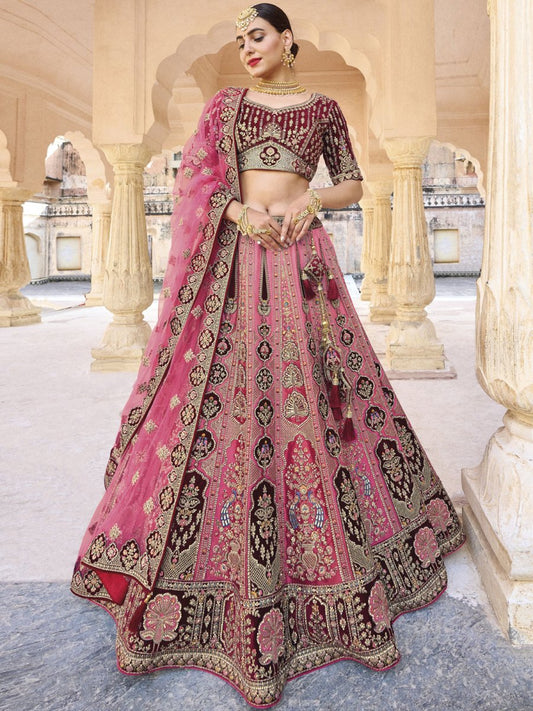 Pink and Marron Velvet Embroidered Lehenga Choli - Inddus.com