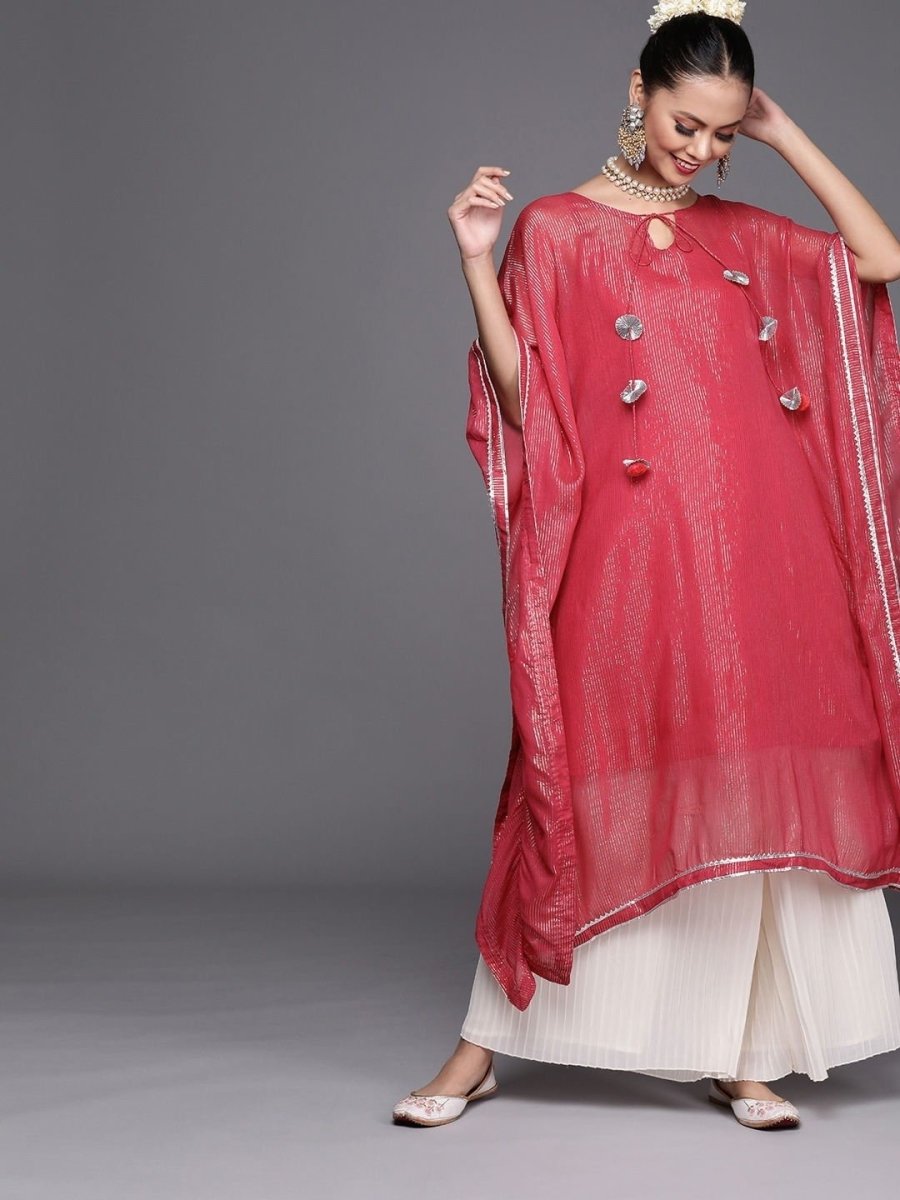 Pink and Silver Stripped Extended Sleeves Kaftan Kurta - inddus-us
