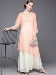 Pink and White Embroidered Flared Gown - Inddus.com