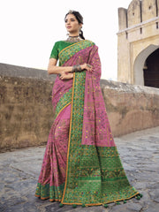 pink Banarasi Silk Festive Wear Saree - Inddus.com