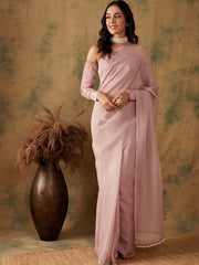 Pink Beads and Stones Embellished Organza Saree - Inddus.com