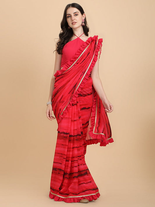 Pink & Black Printed Georgette Ruffle Saree - Inddus.com