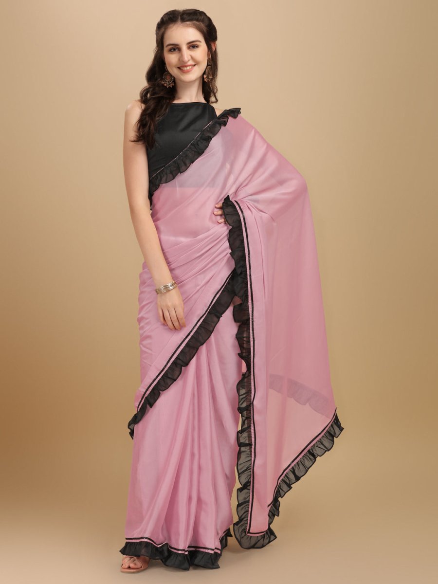 Pink & Black Silk Blend Ruffle Saree - Inddus.com