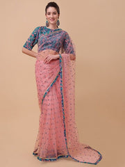 Pink & Blue Embellished Sequinned Net Saree - Inddus.com