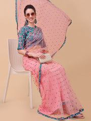 Pink & Blue Embellished Sequinned Net Saree - Inddus.com