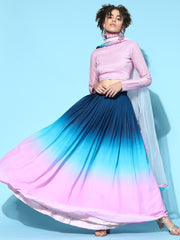 Pink Blue Lehenga with Blouse and Dupatta - Inddus.com