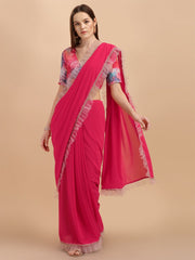 Pink & Blue Solid With Ruffle Border Saree - Inddus.com