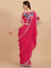 Pink & Blue Solid With Ruffle Border Saree - Inddus.com