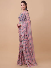 Pink & Blue Striped Saree - Inddus.com