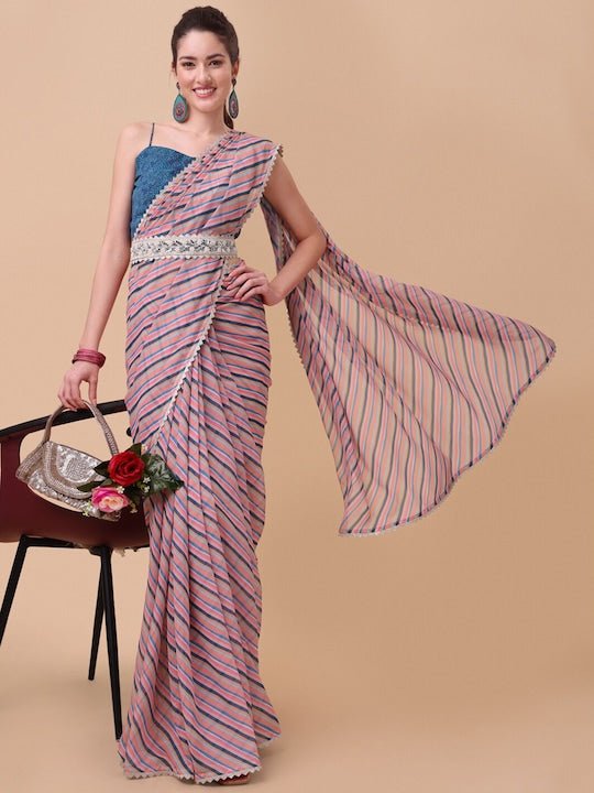 Pink & Blue Striped Saree - Inddus.com