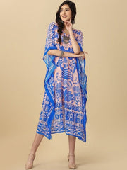 Pink & Blue Tropical Printed Kaftan Kurta - Inddus.com