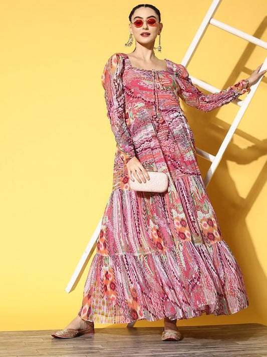 Pink Chiffon Maxi Dress - Inddus.com