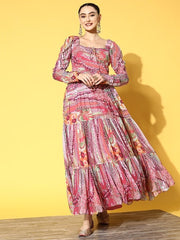 Pink Chiffon Maxi Dress - Inddus.com