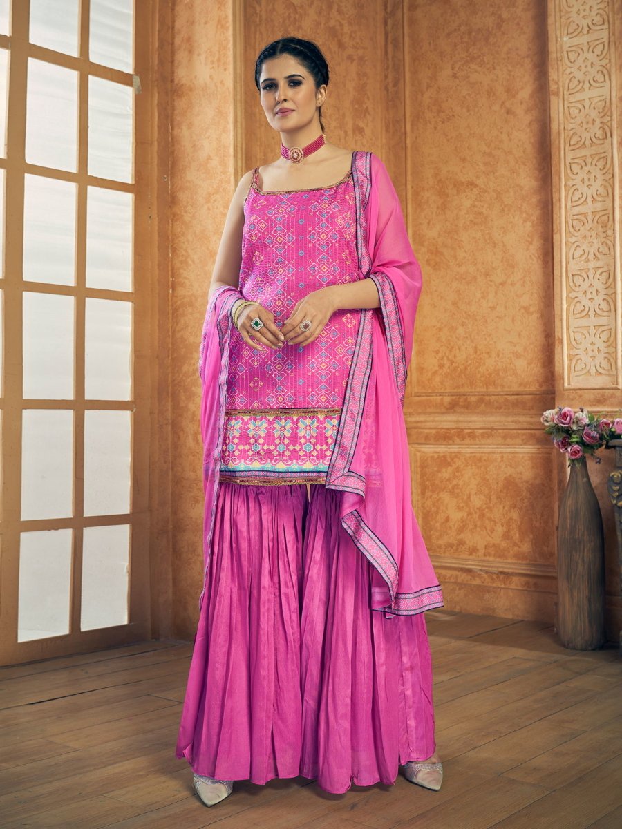 Pink Chinon Silk Designer Sharara Suit - Inddus.com