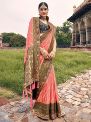 Pink Dola Silk Embroiderd Saree - Inddus.com