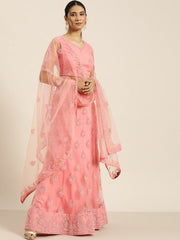 Pink Embroidered Beads and Stones Semi-Stitched Lehenga & Unstitched Blouse With Dupatta - Inddus.com