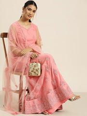 Pink Embroidered Beads and Stones Semi-Stitched Lehenga & Unstitched Blouse With Dupatta - Inddus.com