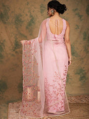 Pink Embroidered Detailed Net Saree - Inddus.com