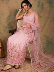 Pink Embroidered Detailed Net Saree - Inddus.com
