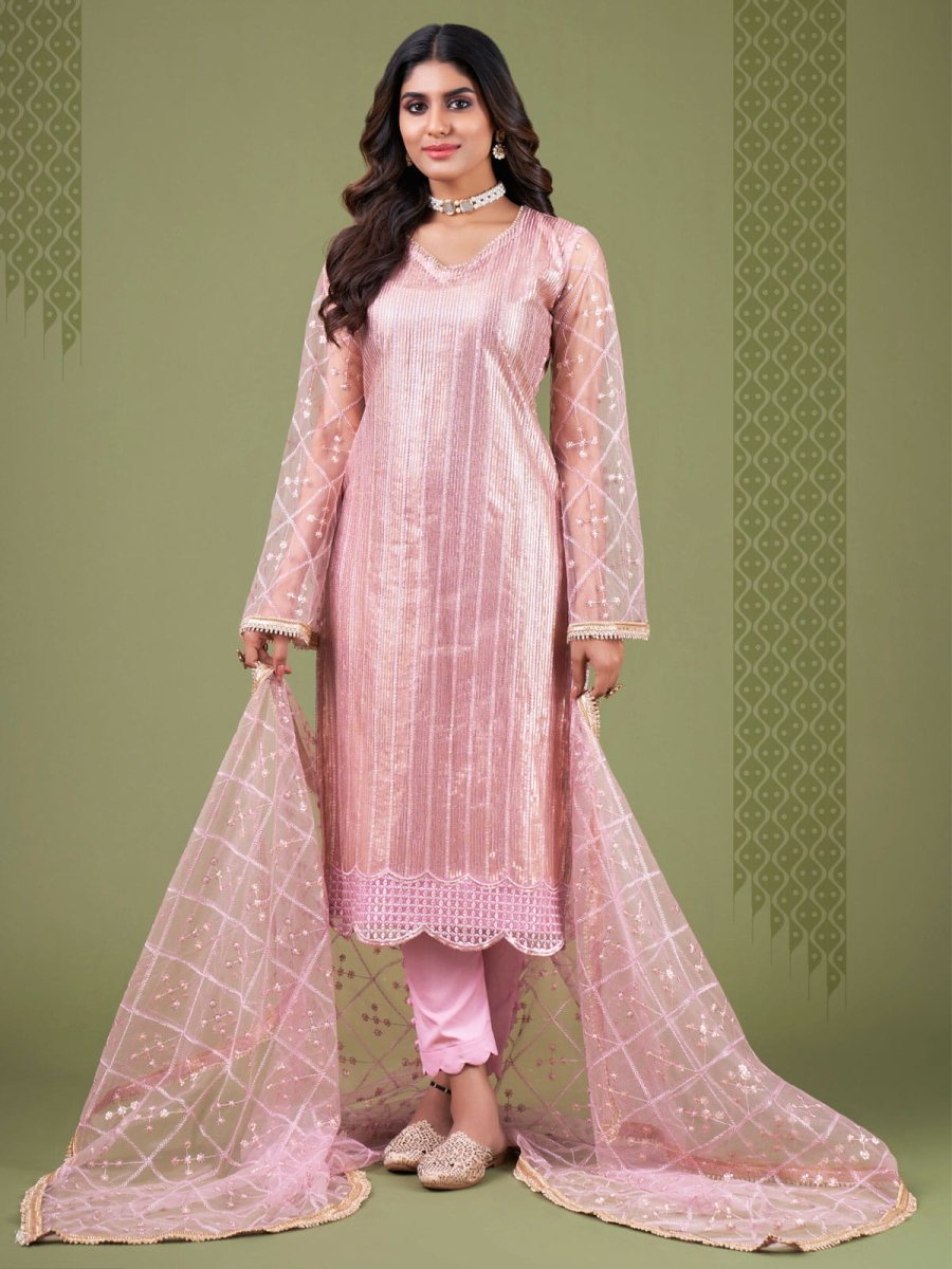 Pink Embroidered Festive-Wear Straight-Cut-Suit - Inddus.com