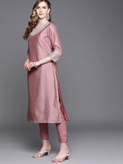 Pink Embroidered Kurta with Pants and Dupatta - Inddus.com