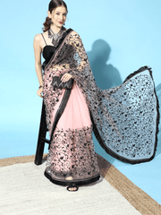 Pink Embroidered Net Saree with Blouse Piece - Inddus.com