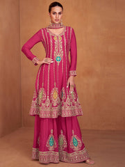 Pink Embroidered Partywear Palazzo-Suit - Inddus.com