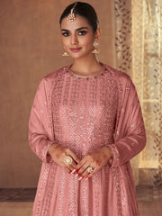 Pink Embroidered Partywear Palazzo Suit - Inddus.com