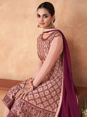 Pink Embroidered Partywear Palazzo Suit - Inddus.com