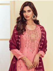 Pink Embroidered Partywear Straight Cut Suit - inddus-us