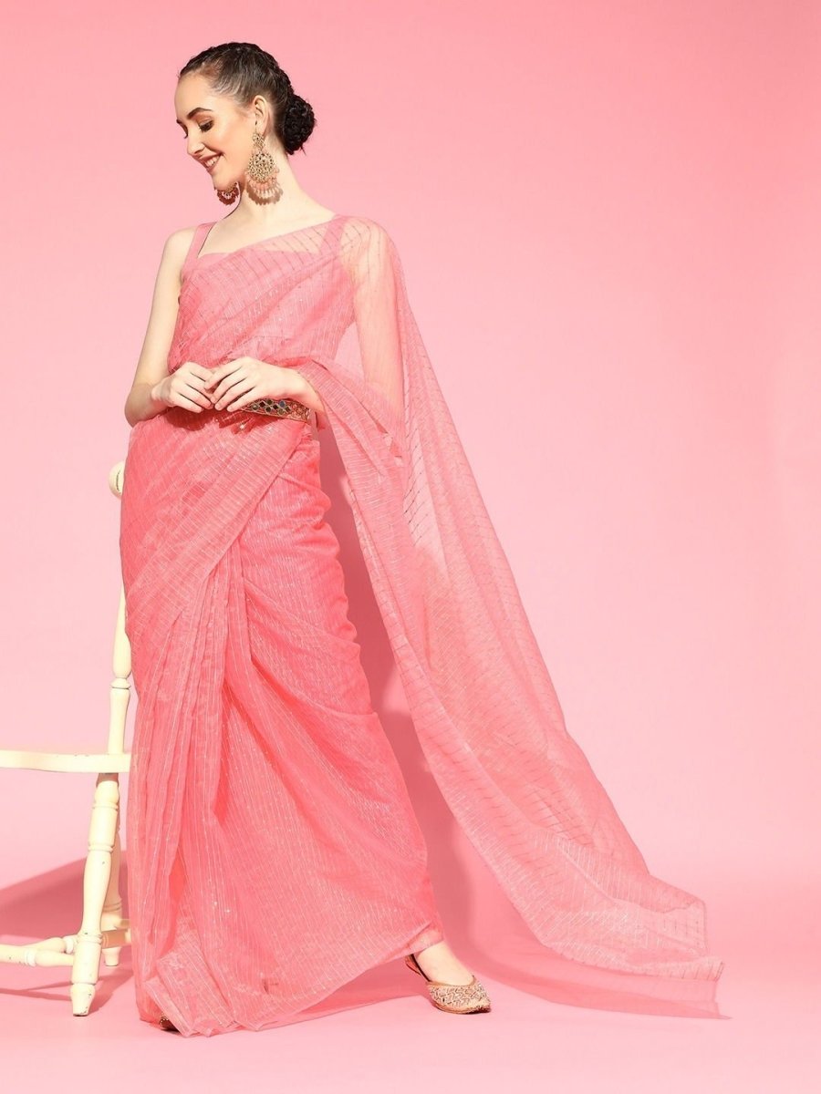 Pink Embroidered Saree with Belt - inddus-us
