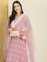 Pink Embroidered Semi-Stitched Lehenga & Unstitched Blouse With Dupatta - Inddus.com