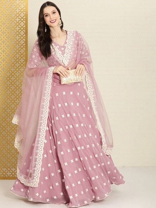 Pink Embroidered Semi-Stitched Lehenga & Unstitched Blouse With Dupatta - Inddus.com