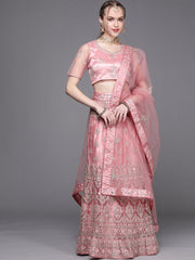 Pink Embroidered Semi-Stitched Lehenga with Unstitched Blouse & Dupatta - Inddus.com