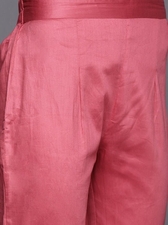 Pink Embroidered Sequined A-Line Chanderi Cotton Kurta with Trousers & Dupatta - Inddus.com