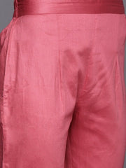 Pink Embroidered Sequined A-Line Chanderi Cotton Kurta with Trousers & Dupatta - Inddus.com