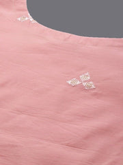 Pink Embroidered Sequined A-Line Chanderi Cotton Kurta with Trousers & Dupatta - Inddus.com